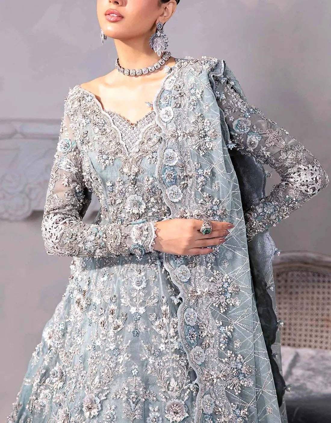 Intricate Embroidered Powder Blue NET Bridal Maxi Dress in 12 Kali Style with Rich Embellishments