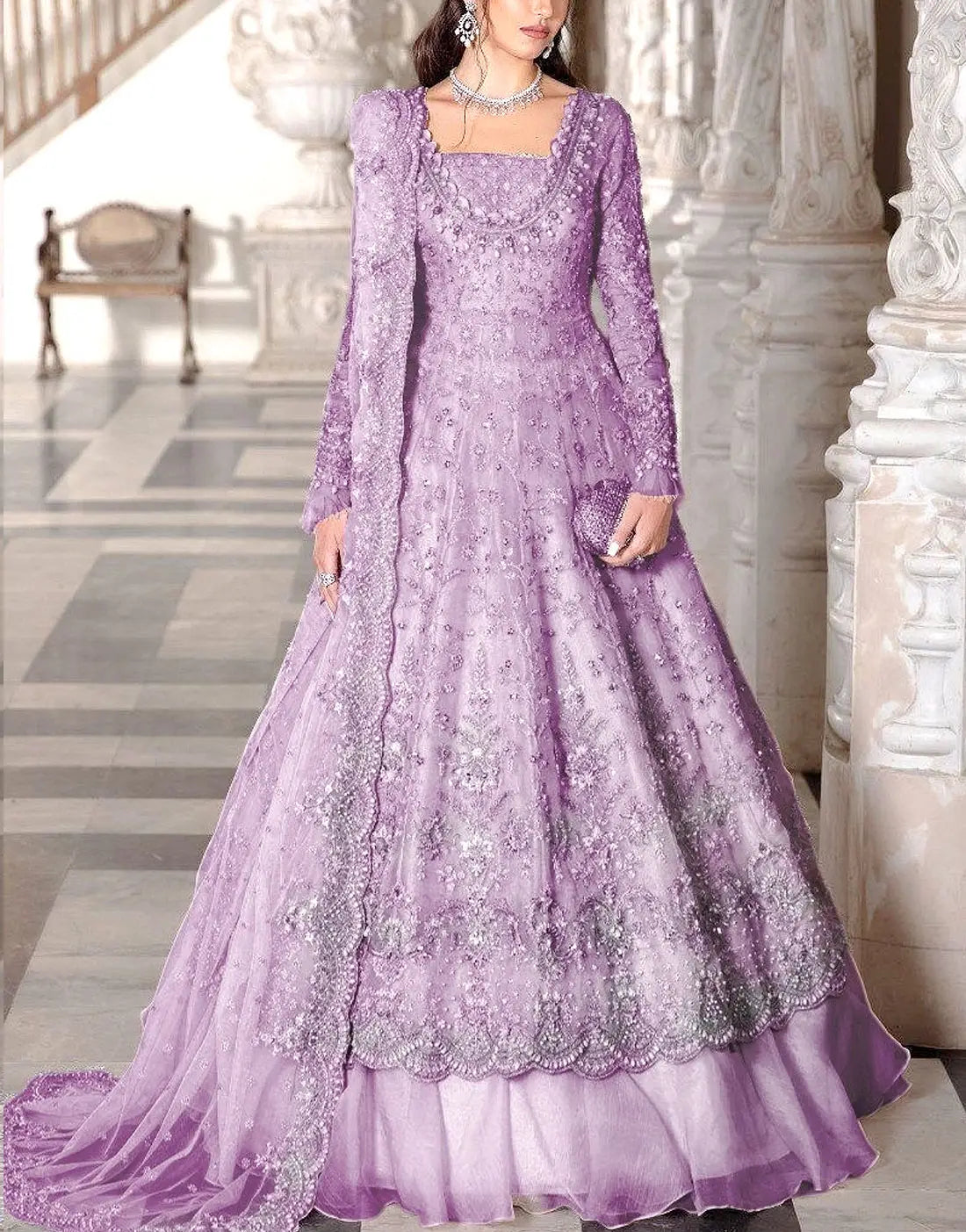 Royal Embroidered Light Purple Net Bridal Long Maxi Dress with Rich Embellishments