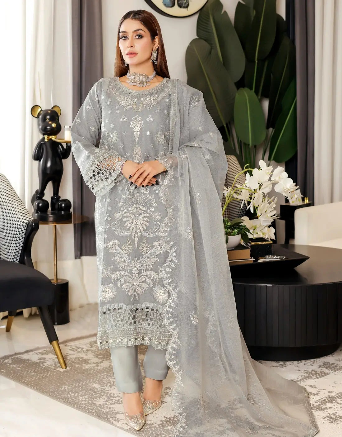 Carnation Semi-Stitched Embroidered Grey Aiyudiya Net Organza Dress with Monar Dupatta