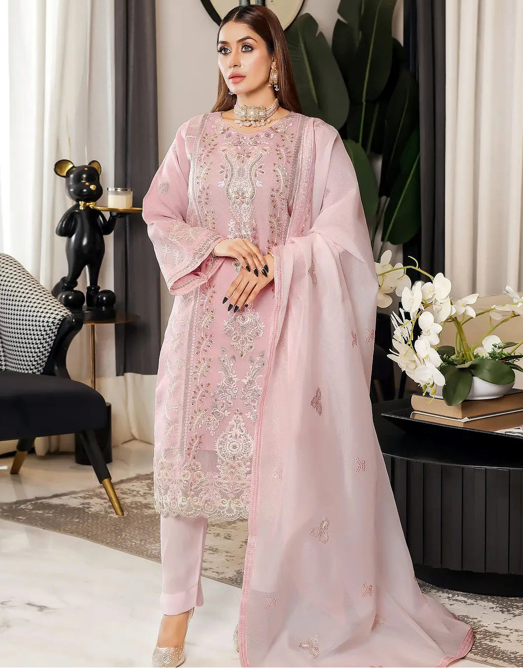 Carnation Semi-Stitched Embroidered Pink Aiyudiya Net Organza Dress with Monar Dupatta