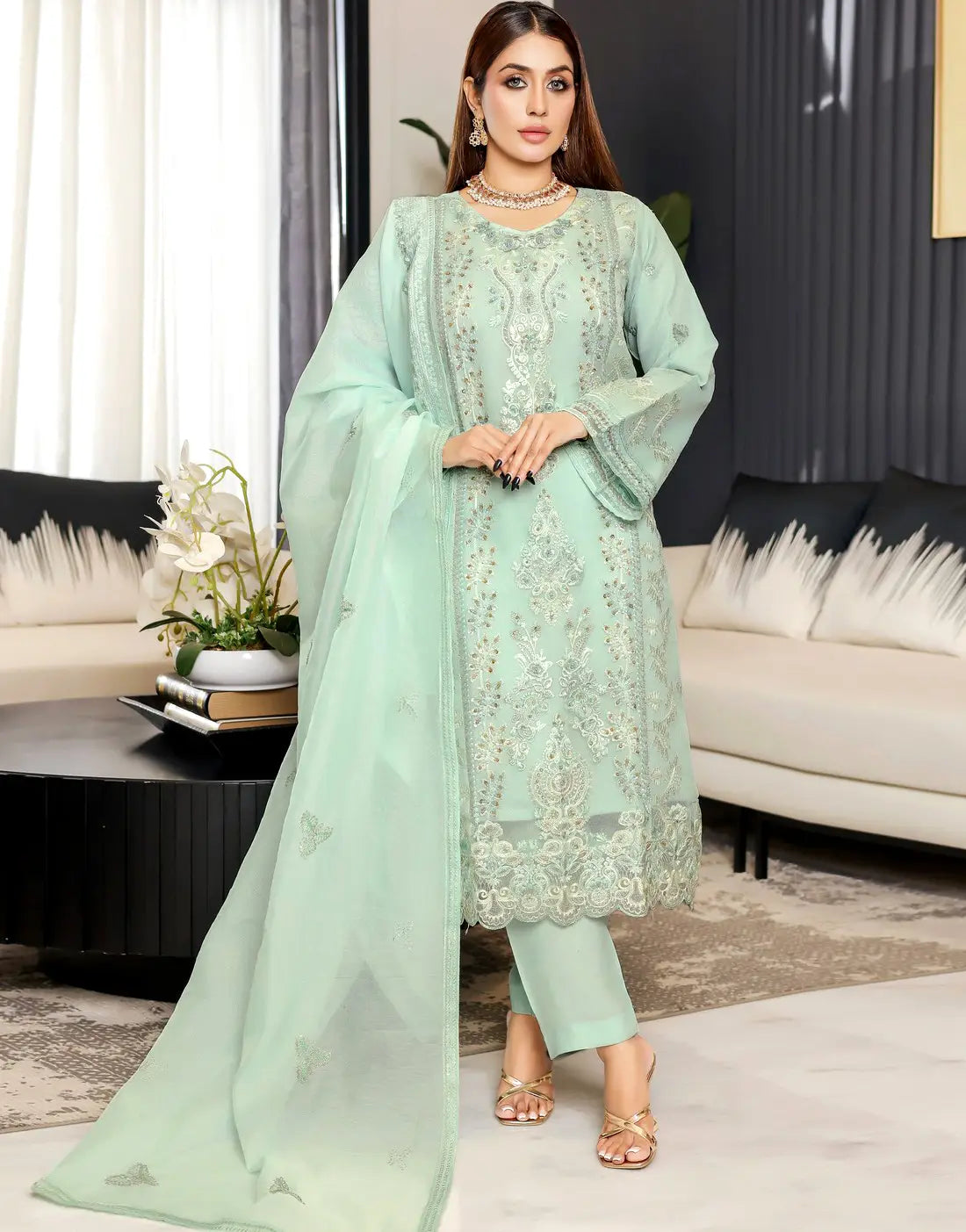 Carnation Semi-Stitched Embroidered Aiyudiya Net Organza Dress with Monar Dupatta