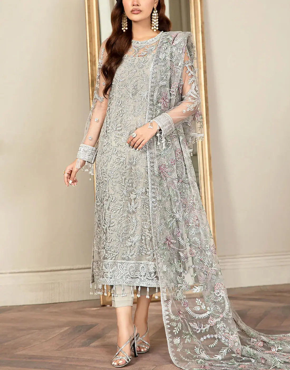 Luxury Embroidered Grey NET Dress for Weddings & Formal Parties