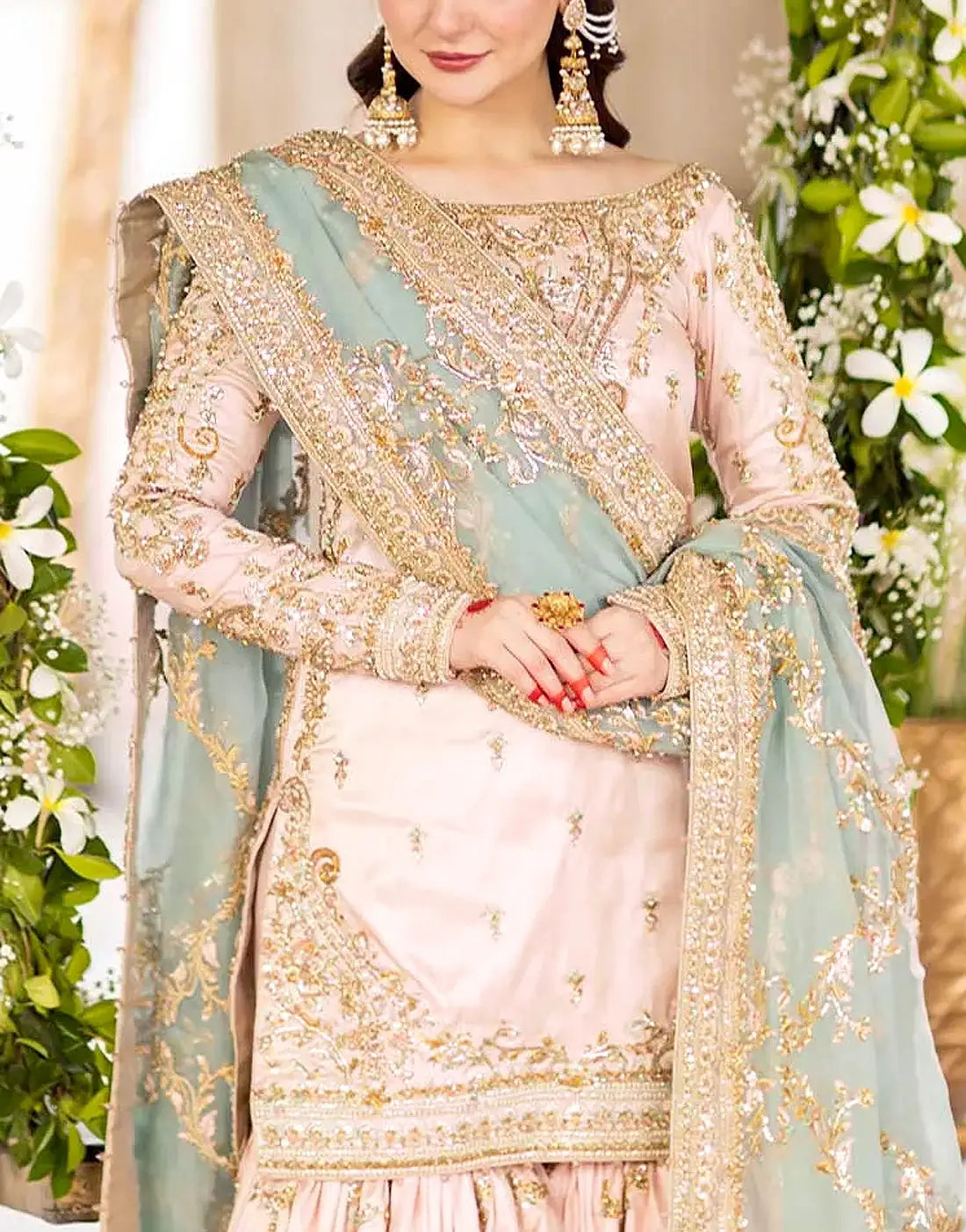 Luxury Embroidered Powder Pink NET Bridal Sharara Dress with Hand Embellishments