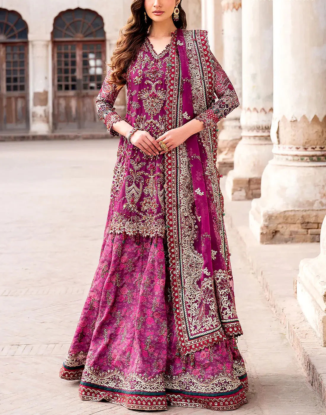 Glamorous Embroidered Magenta Chiffon Bridal Lehenga with Rich Embellishments
