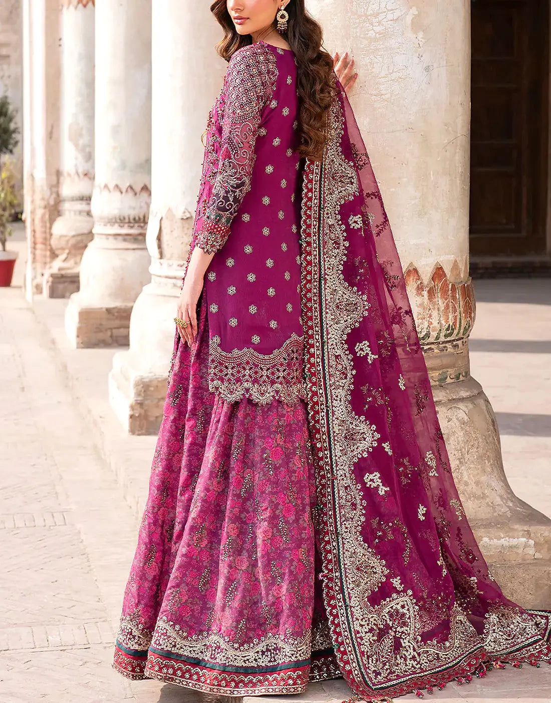 Glamorous Embroidered Magenta Chiffon Bridal Lehenga with Rich Embellishments