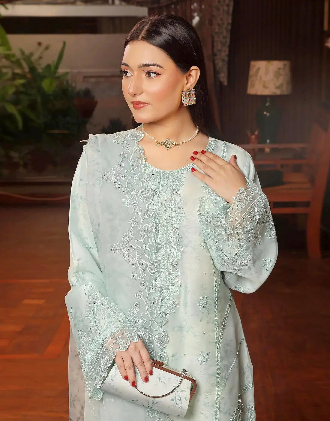 Sharjeena Semi-Stitched Embroidered Mint Green Organza Dress with Free Clutch Bag