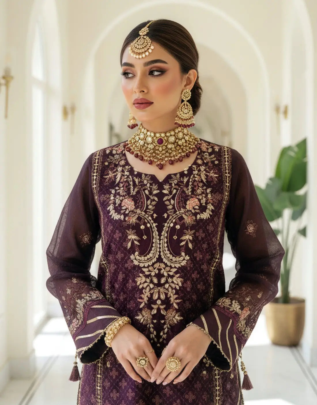 Dhanak Luxury Embroidered Deep Plum Organza Dress with Hand Embellishments