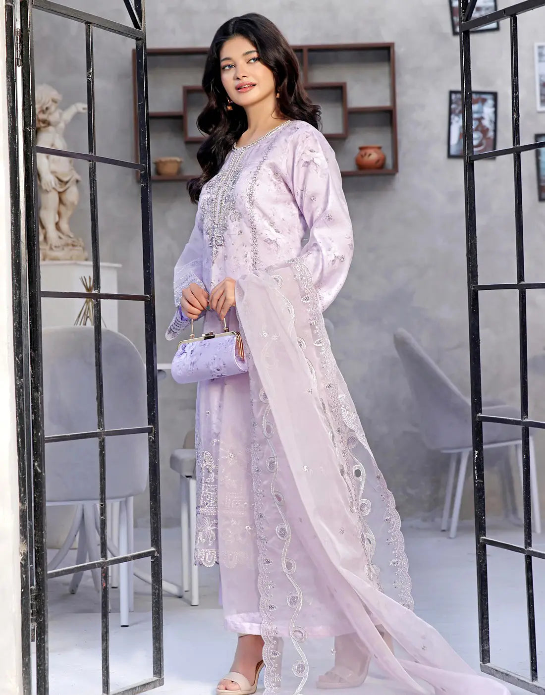 Naaira Semi-Stitched Embroidered Lavender Organza Party Dress with Complimentary Clutch Bag