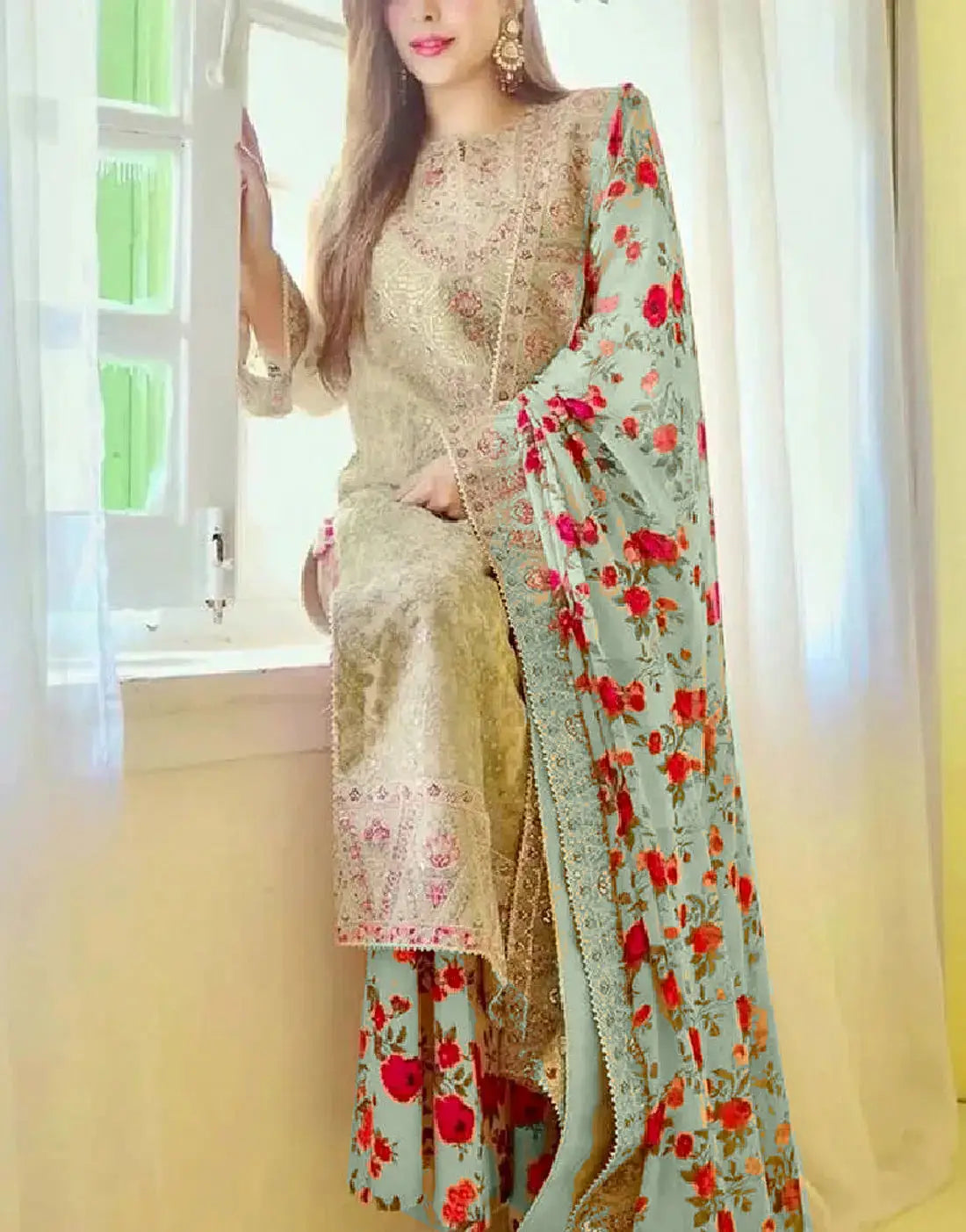 Aneela's Luxury Embroidered Beige Organza Dress for Party & Formal Wear