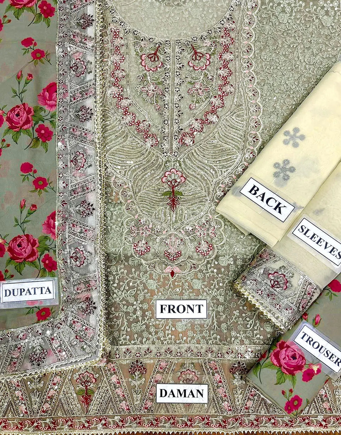 Aneela's Luxury Embroidered Beige Organza Dress for Party & Formal Wear