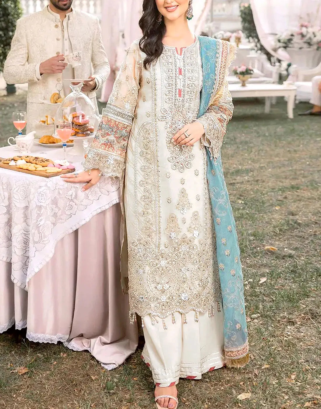 Graceful Heavy Embroidered Ivory Organza Dress - Ideal for Party & Weddings