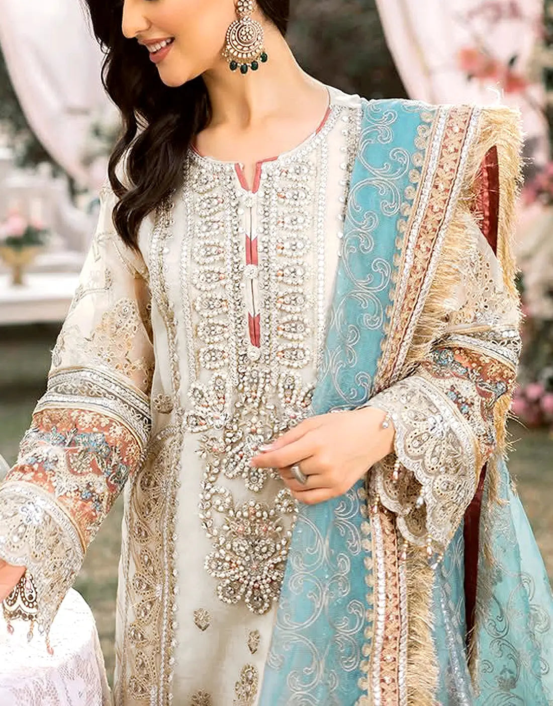 Graceful Heavy Embroidered Ivory Organza Dress - Ideal for Party & Weddings