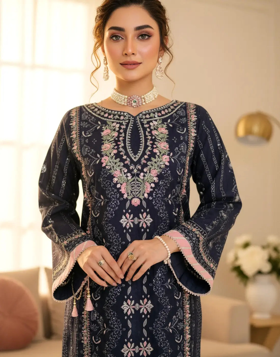 Dhanak Luxury Embroidered Navy Blue Organza Dress with Hand Embellishments