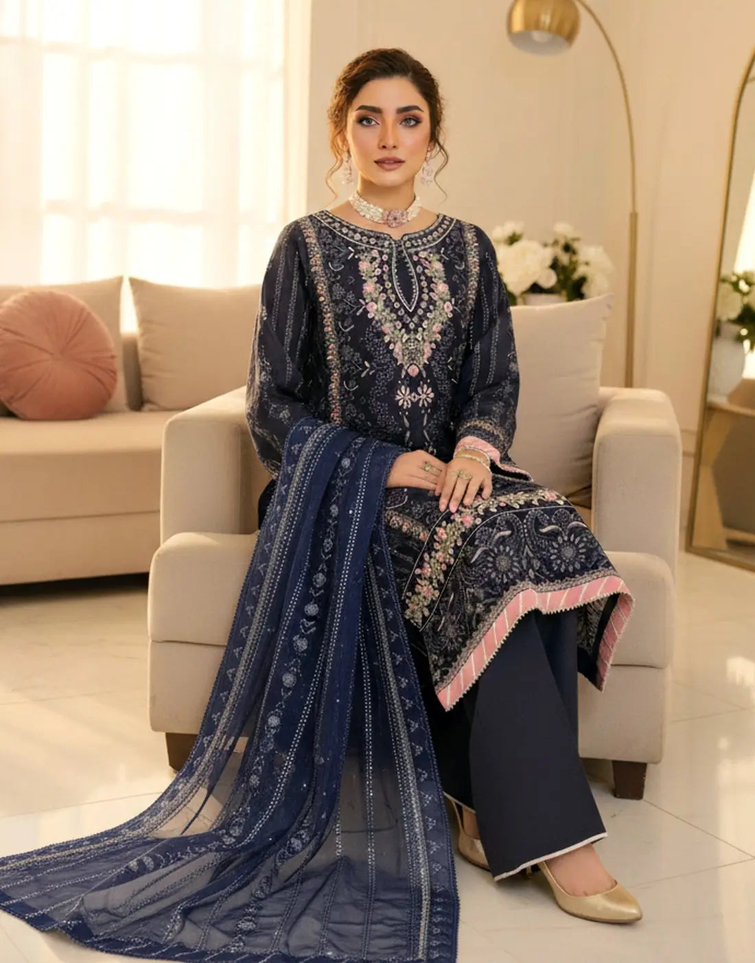 Dhanak Luxury Embroidered Navy Blue Organza Dress with Hand Embellishments
