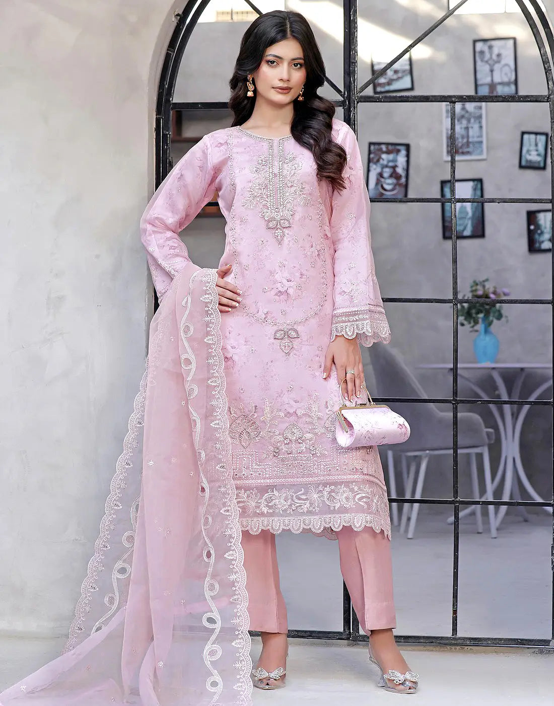 Naaira Semi-Stitched Embroidered Pink Organza Party Dress with Complimentary Clutch Bag