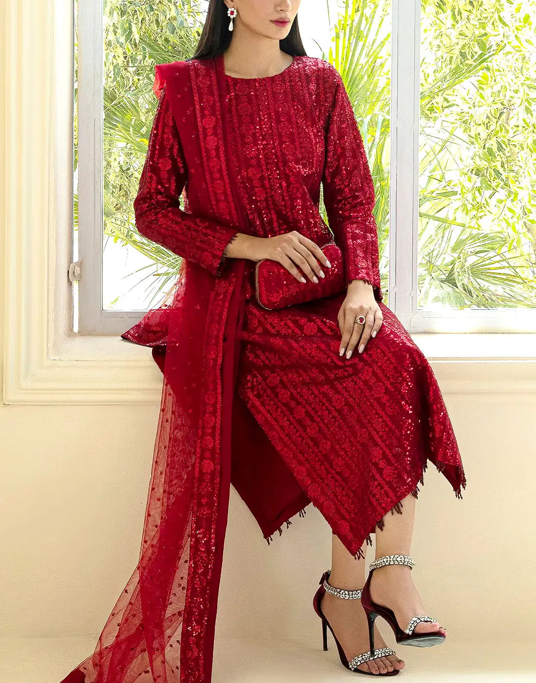 Glittering Sequins Embroidered Red Chiffon Wedding Wear Suit