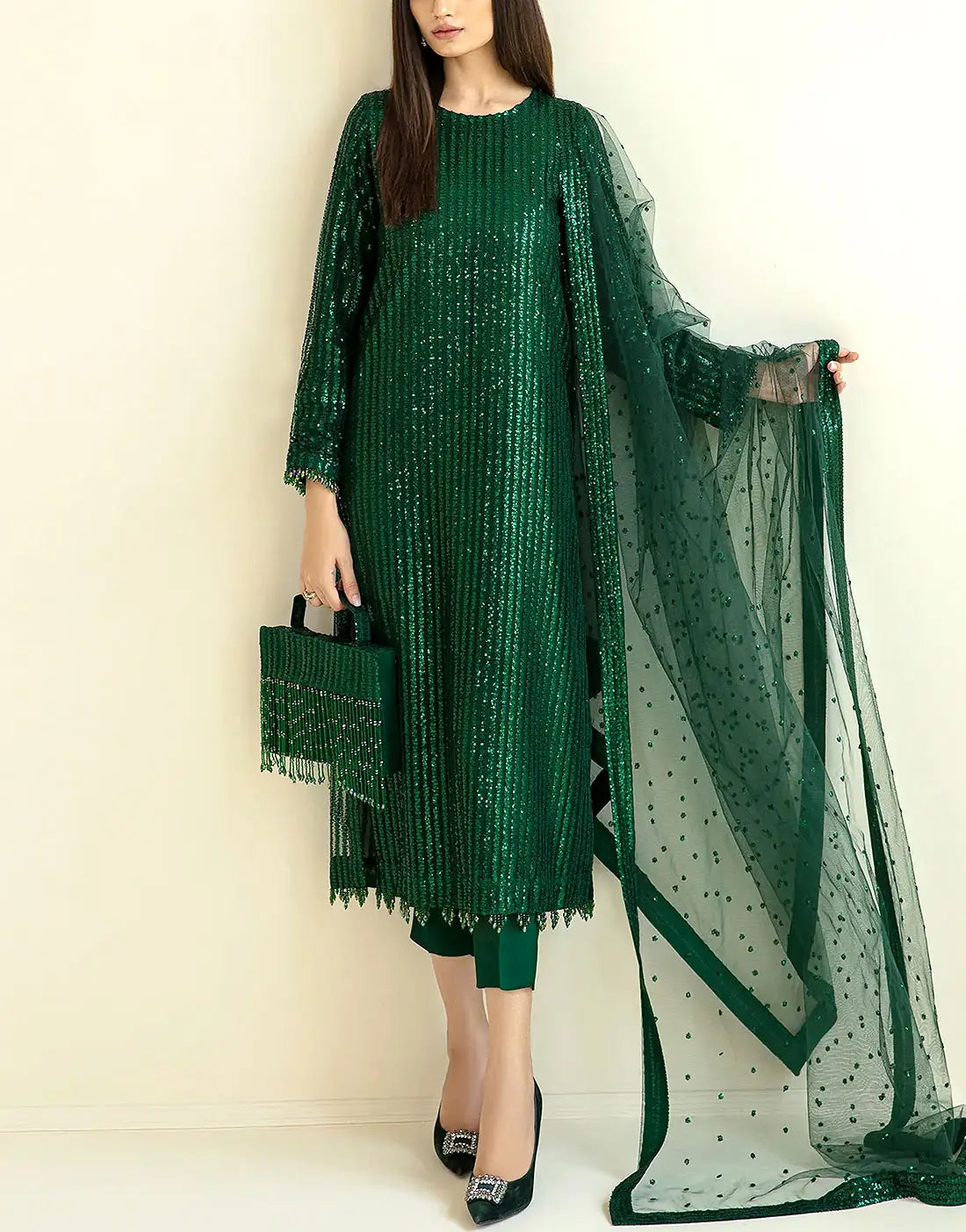 Glittering Sequins Embroidered Bottle Green Chiffon Wedding Dress