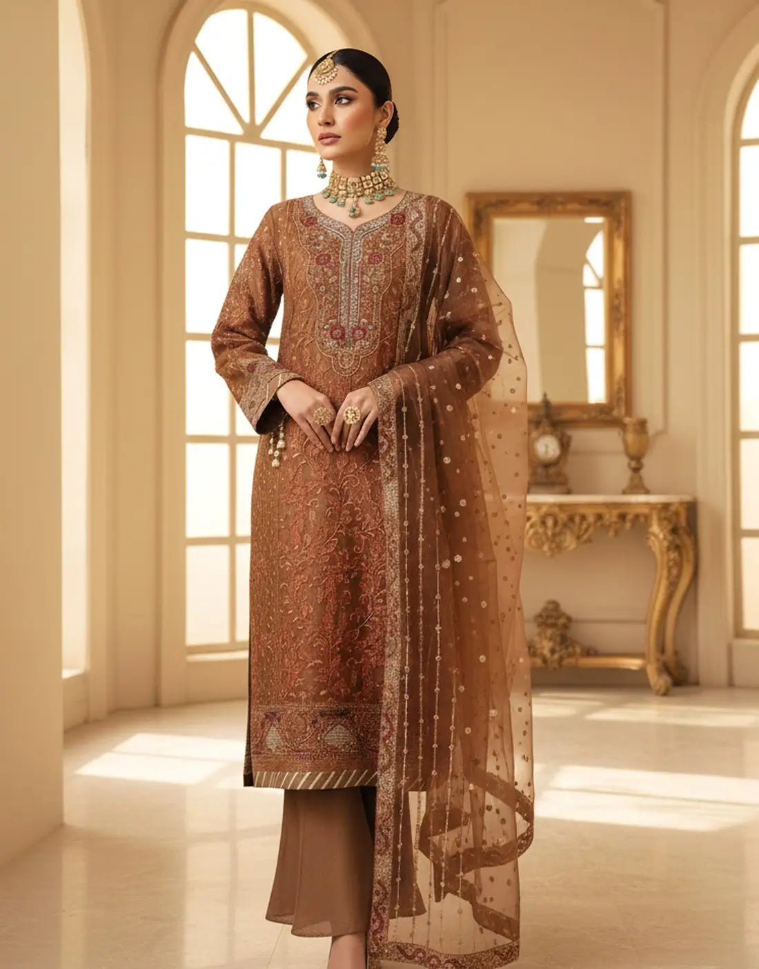 Dhanak Luxury Embroidered Brown Organza Dress with Hand Embellishments
