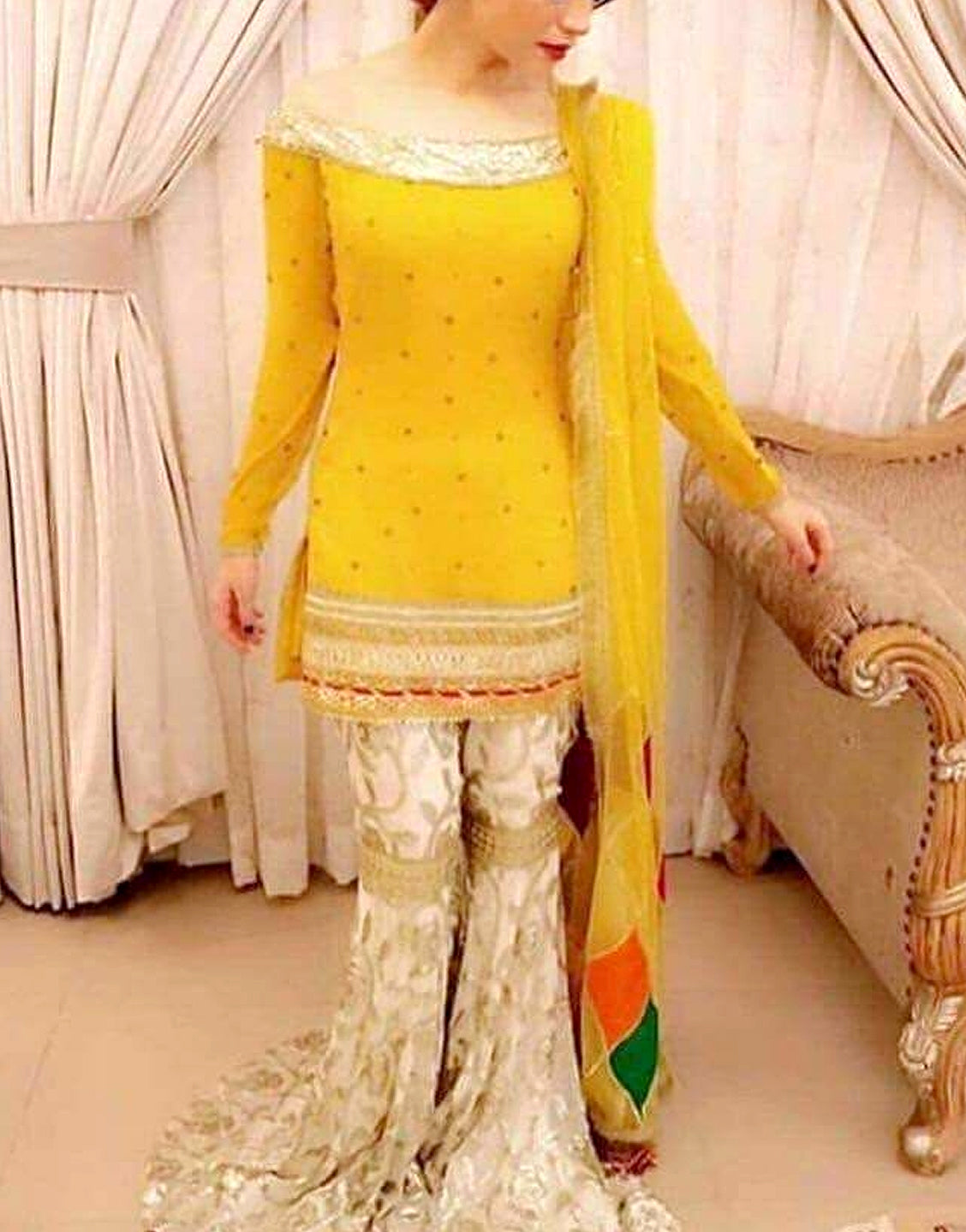 Embroidered Chiffon Yellow Mehndi Dress