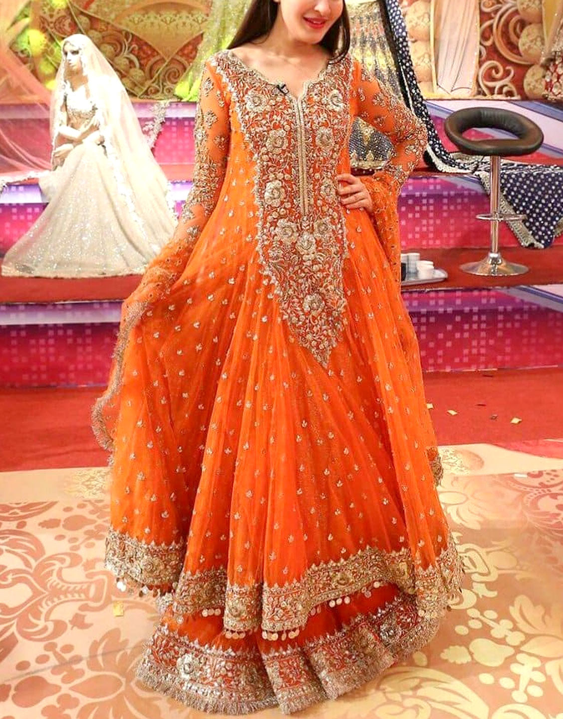 Vibrant Embroidered Orange Chiffon Maxi Dress 