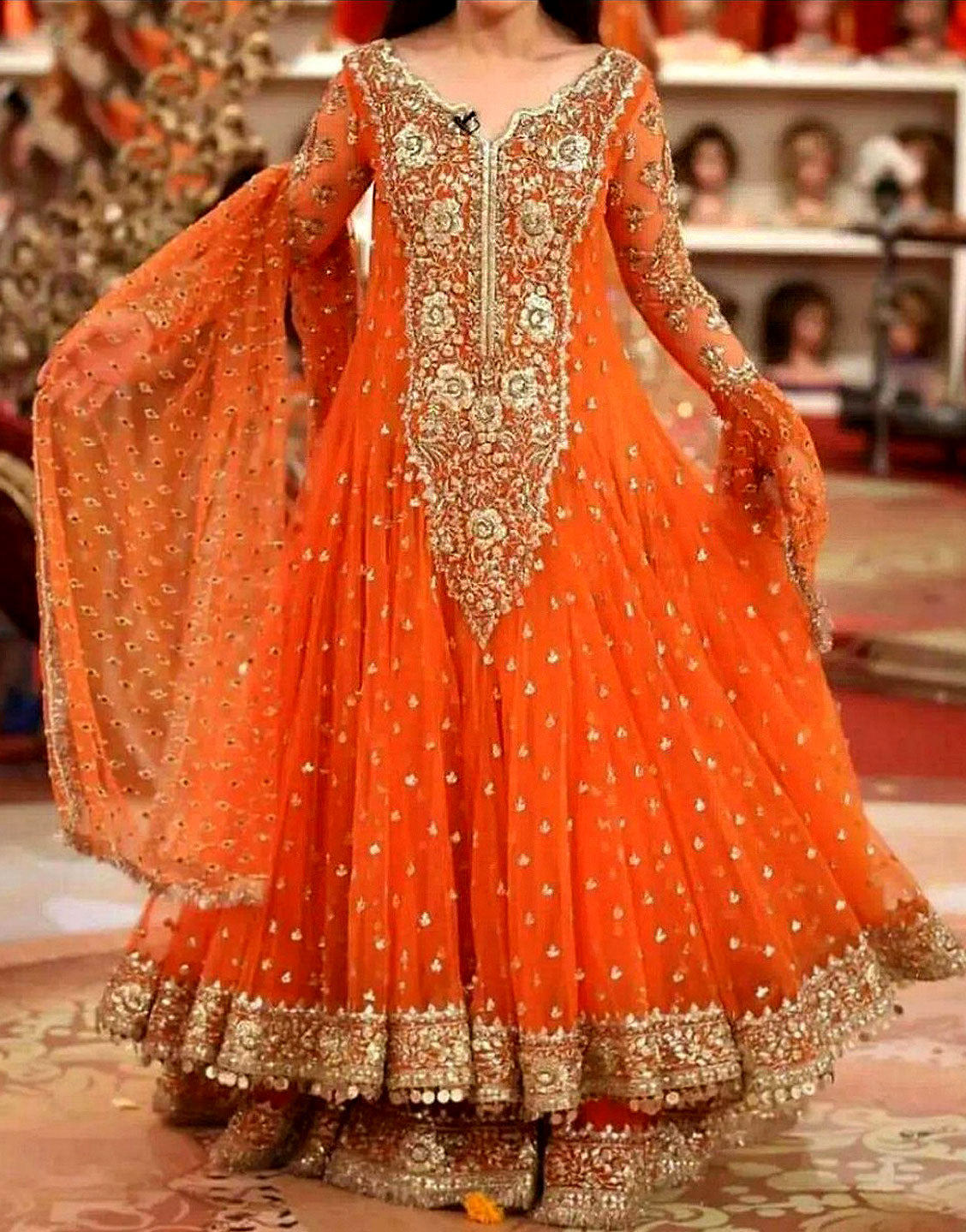 Vibrant Embroidered Orange Chiffon Maxi Dress