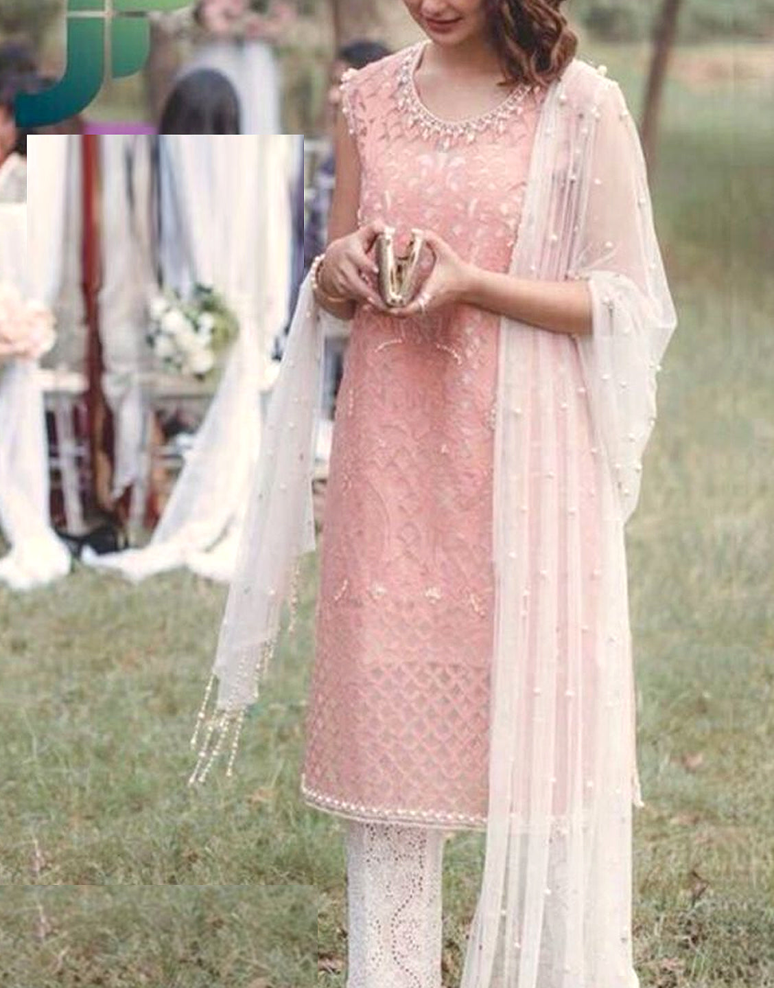 Cutwork Embroidered Pink Net Dress
