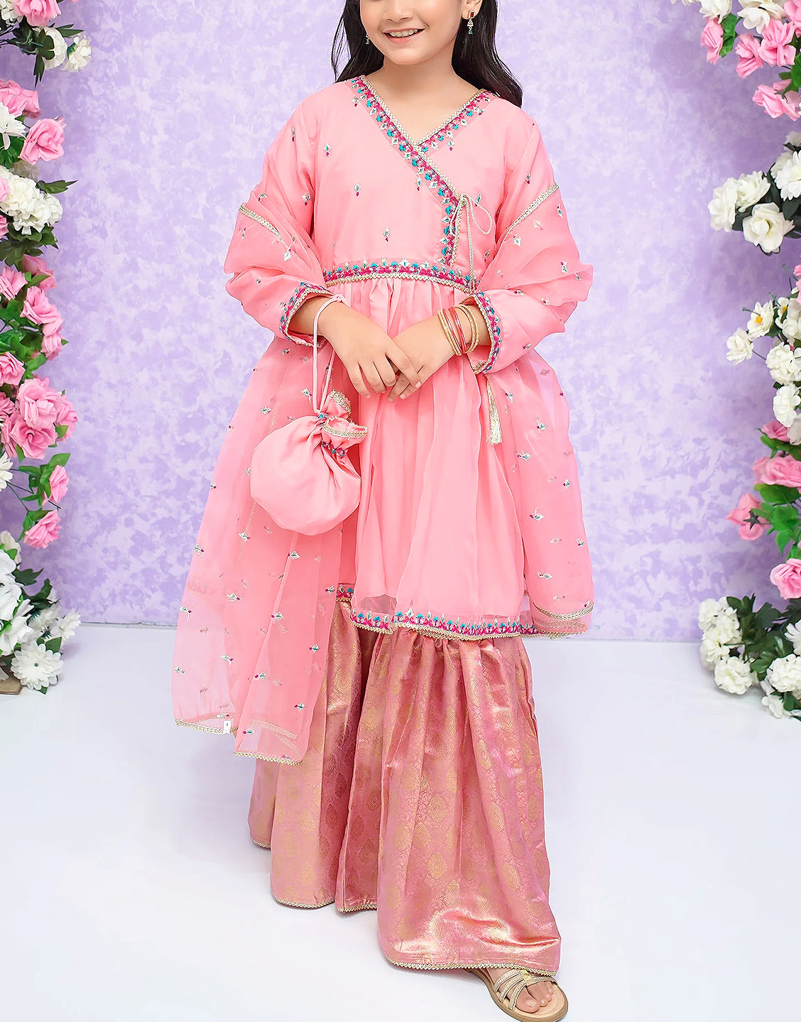 Embroidered Pink Net Lehenga Dress For Kids