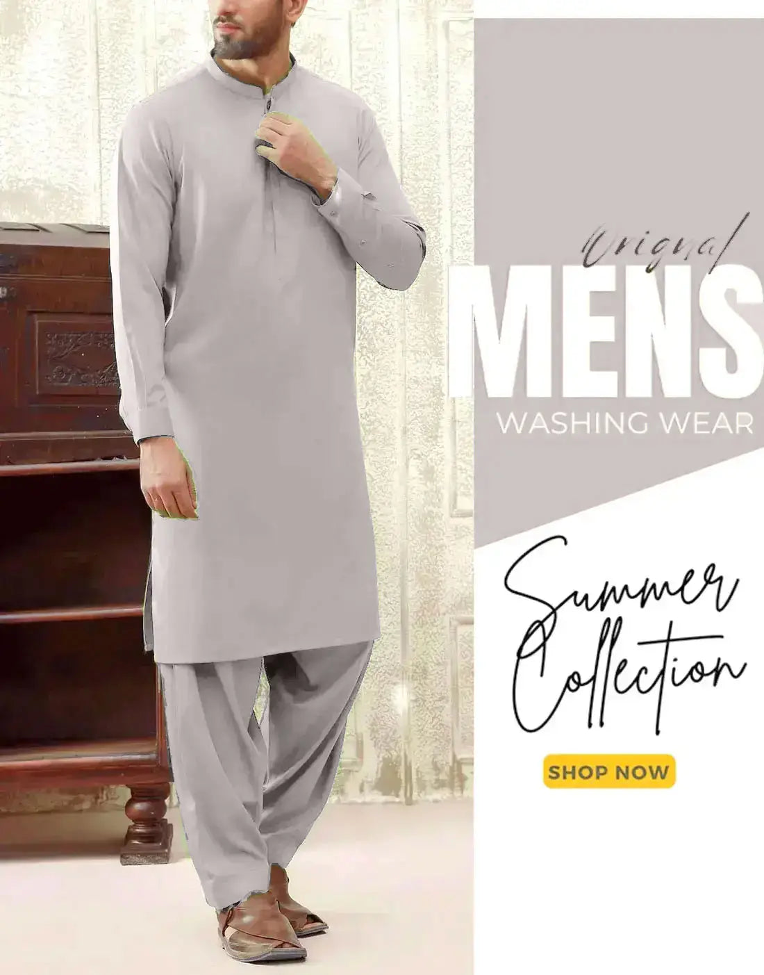 Italian Boski Ash Grey Wash & Wear Men’s Shalwar Kameez – Unstitched Formal & Eid Suit