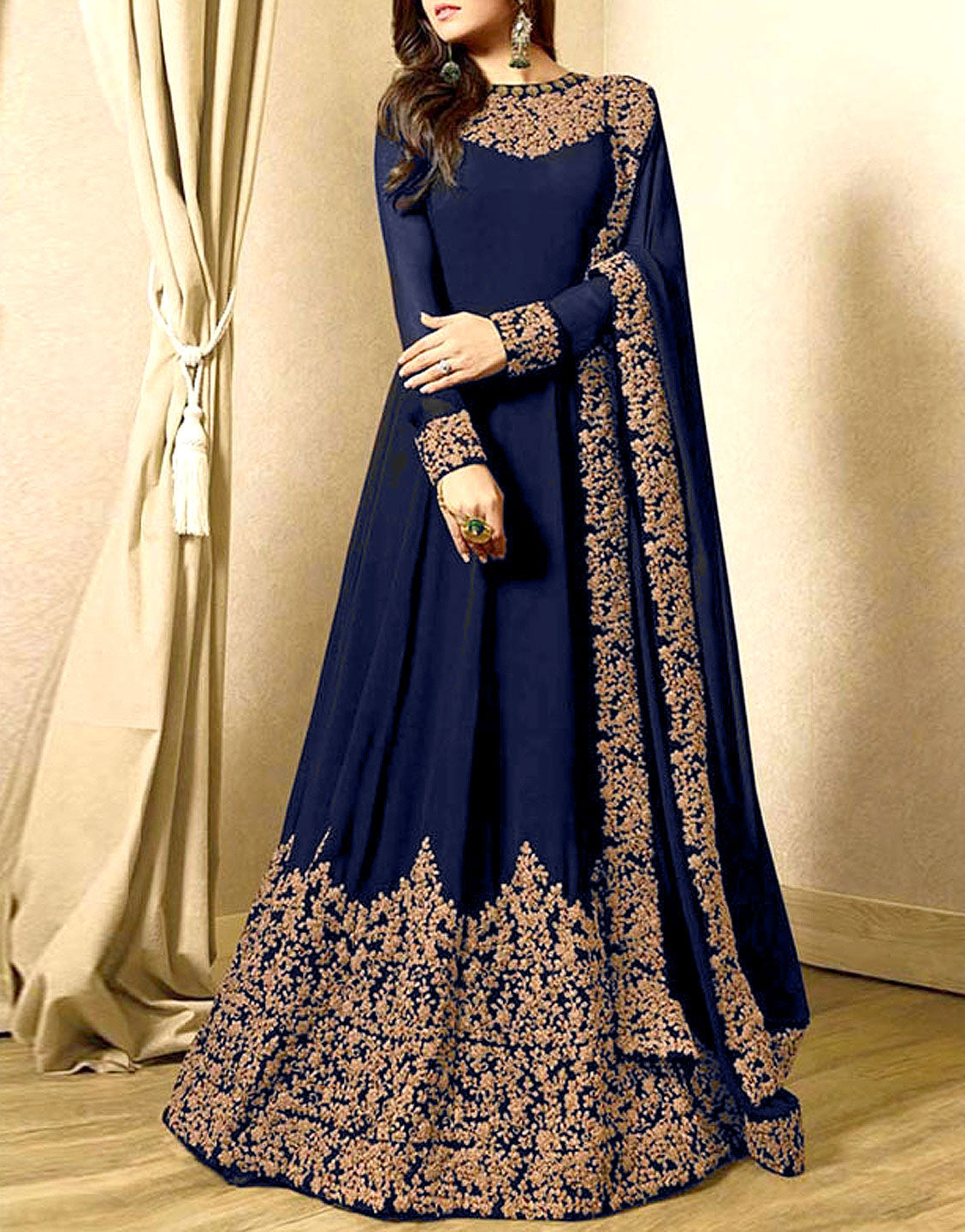 Indian Embroidered Navy Blue Chiffon Maxi Dress