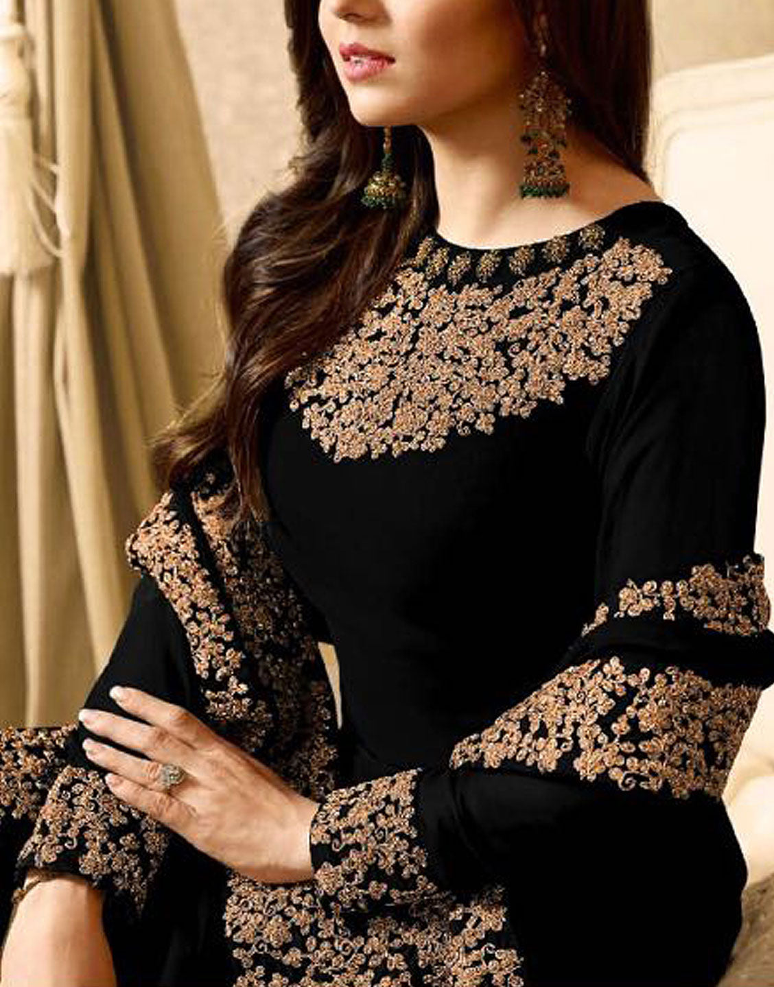 Indian Embroidered Black Chiffon Maxi Dress