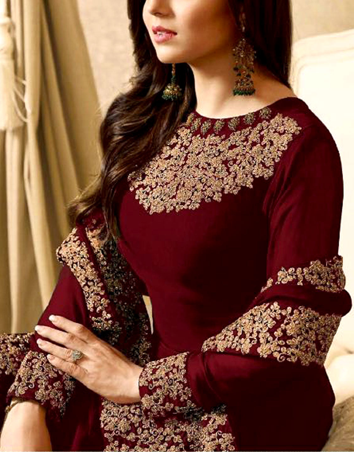 Indian Embroidered Maroon Chiffon Maxi Dress