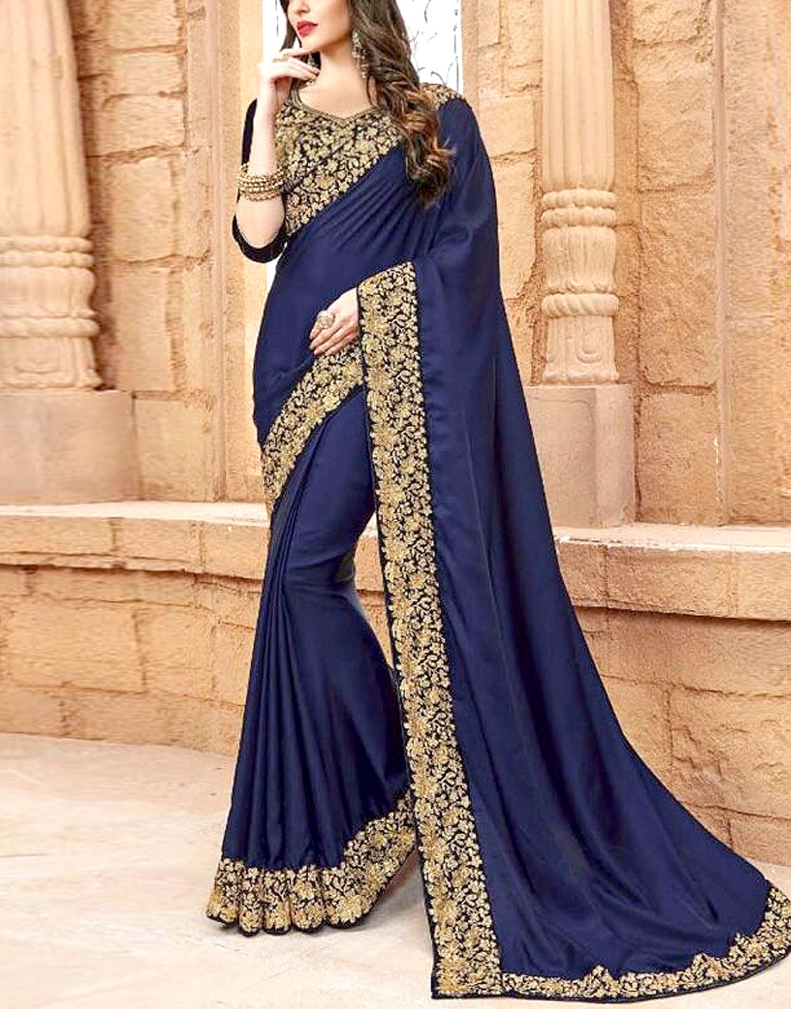 Indian Embroidered Navy Blue Chiffon Saree