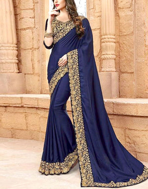 Indian Embroidered Navy Blue Chiffon Saree