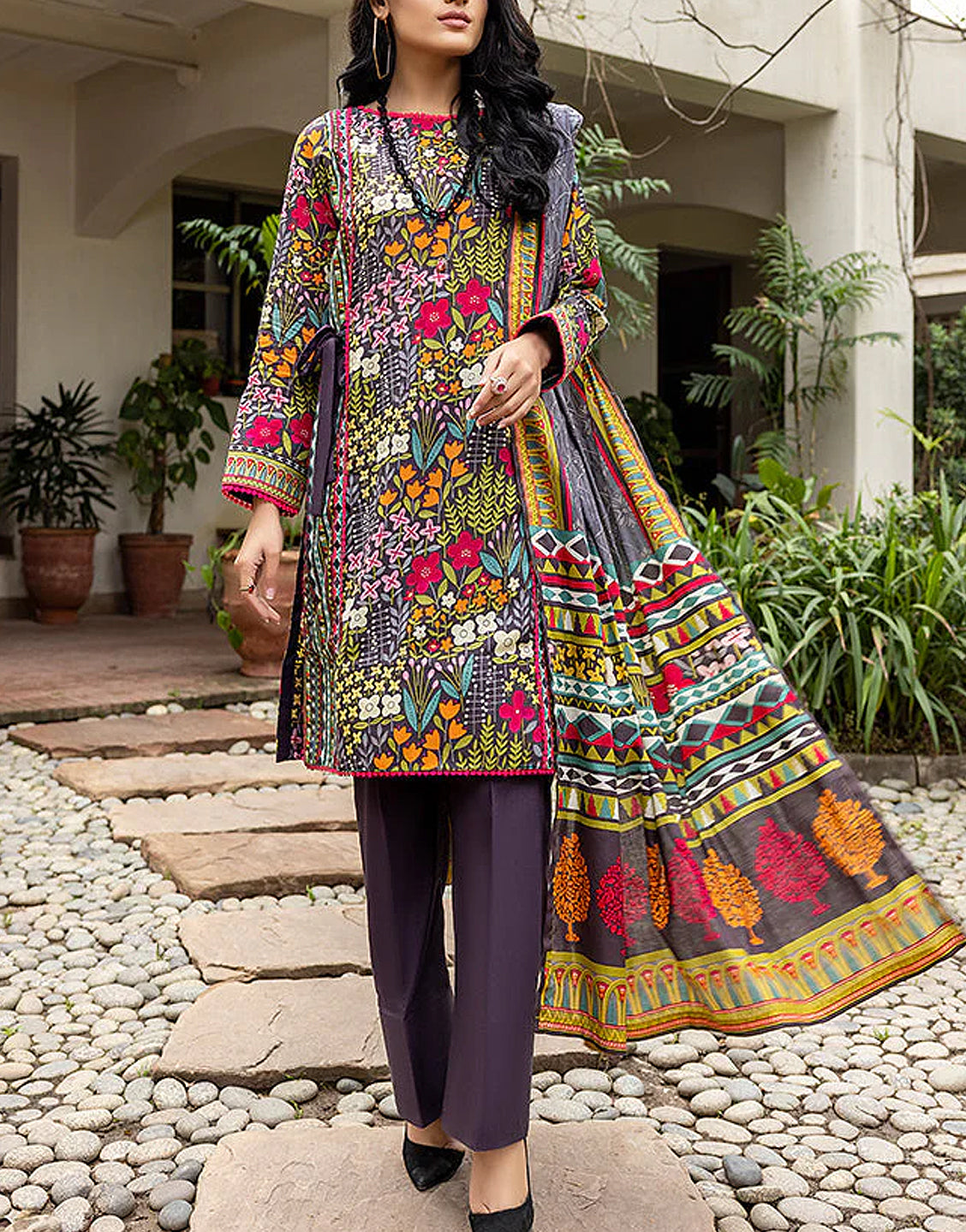 Heavy Embroidered Lawn Dress with Phulkari Dupatta