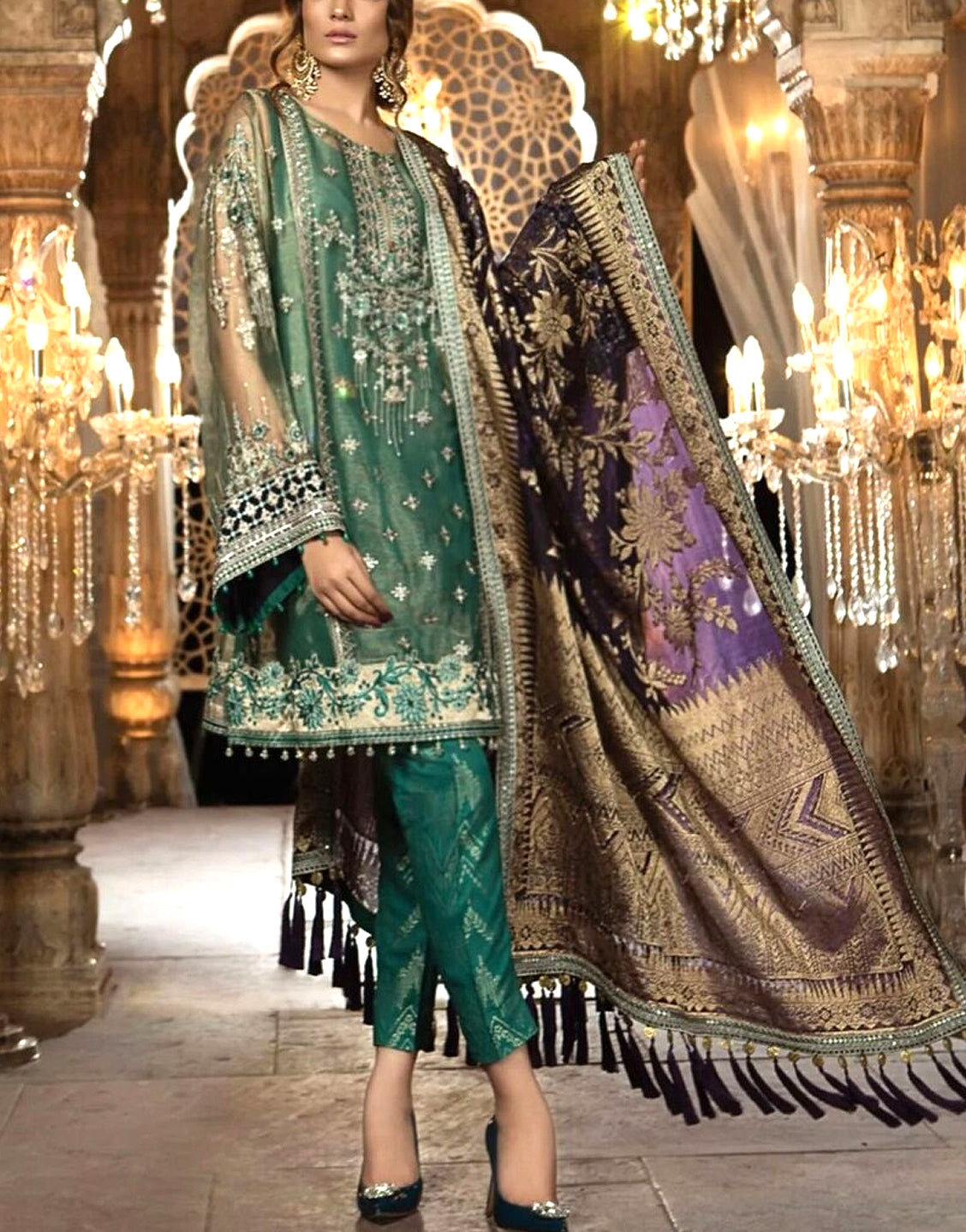 Handwork Embroidered Net Wedding Dress  with Luxury Net Embroidered Shawl