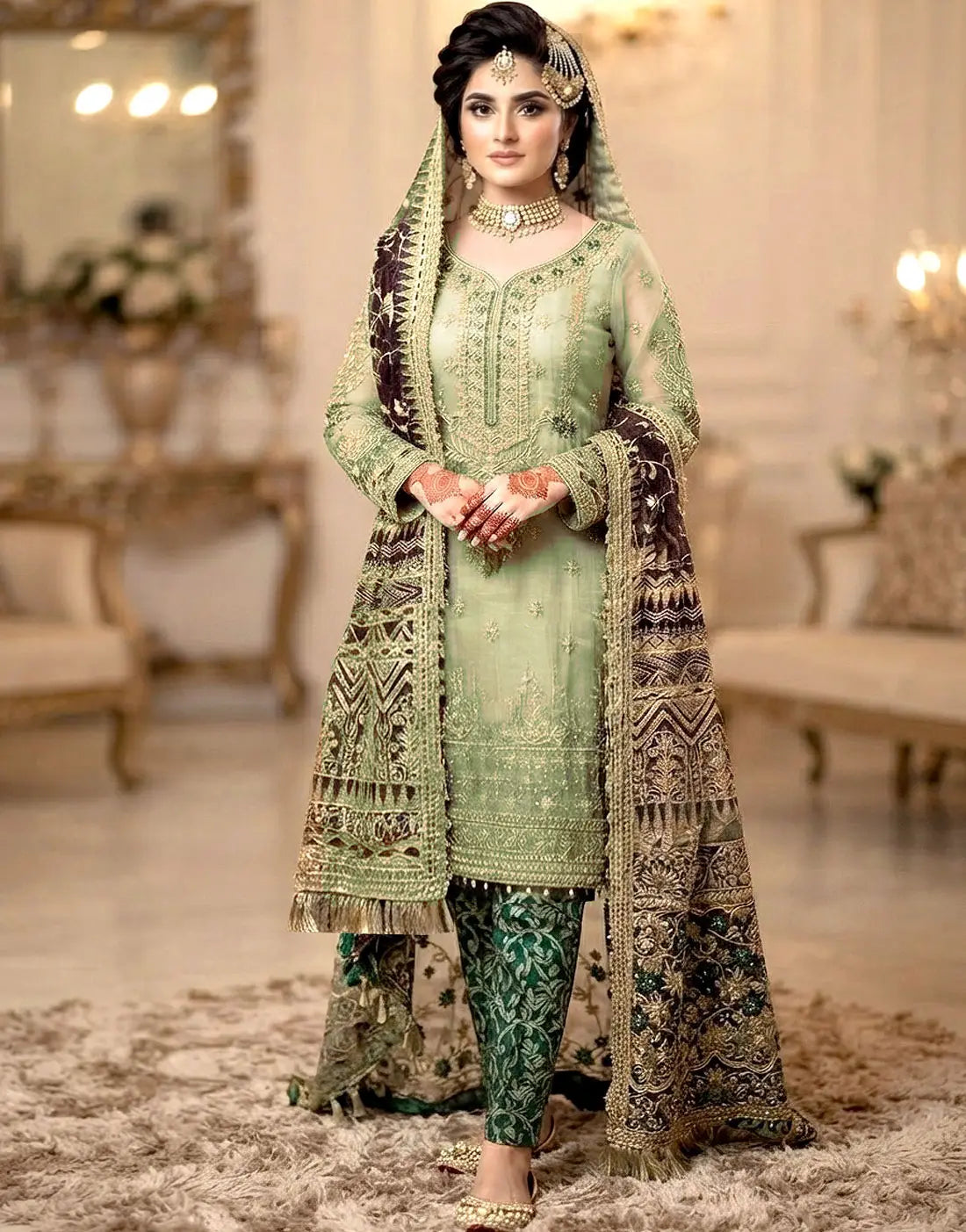 Luxury Embroidered and Hand Embellished Net Wedding Dress with Emb. Net Shawl