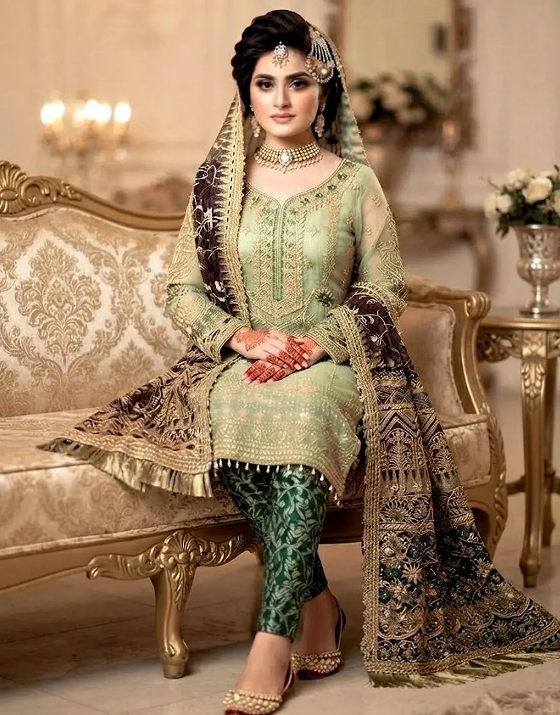 Luxury Embroidered and Hand Embellished Net Wedding Dress with Emb. Net Shawl