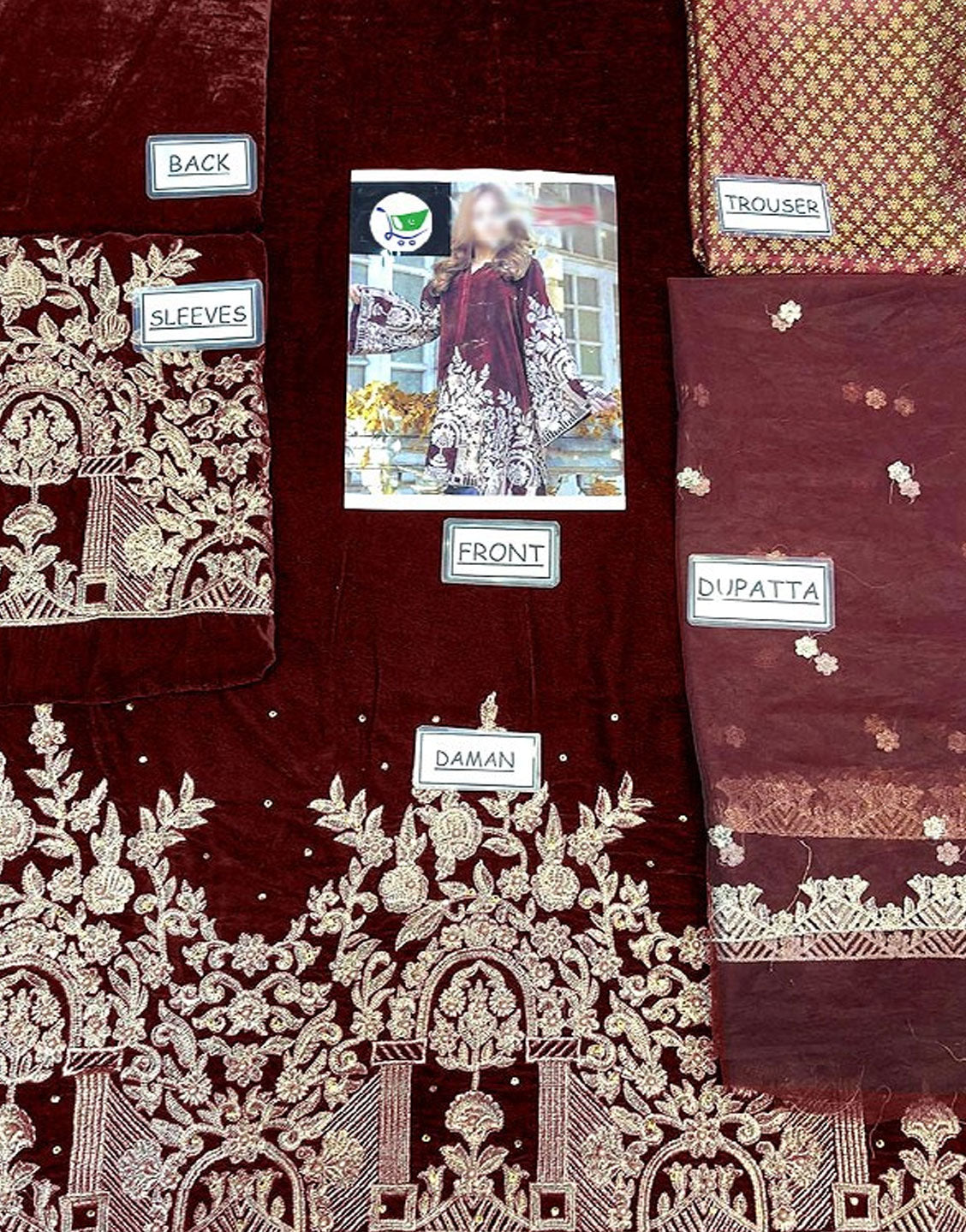 Heavy Embroidered Handwork Maroon Velvet Dress