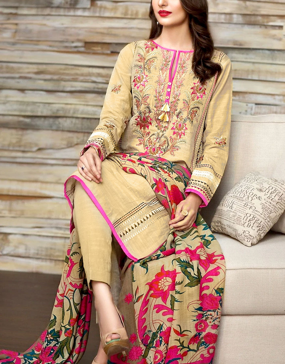Heavy Front Panel Embroidered Khaddar Dress with Shawl Dupatta