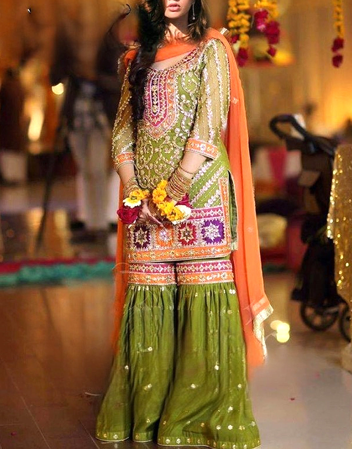 Heavy Embroidered Chiffon Mehndi Dress