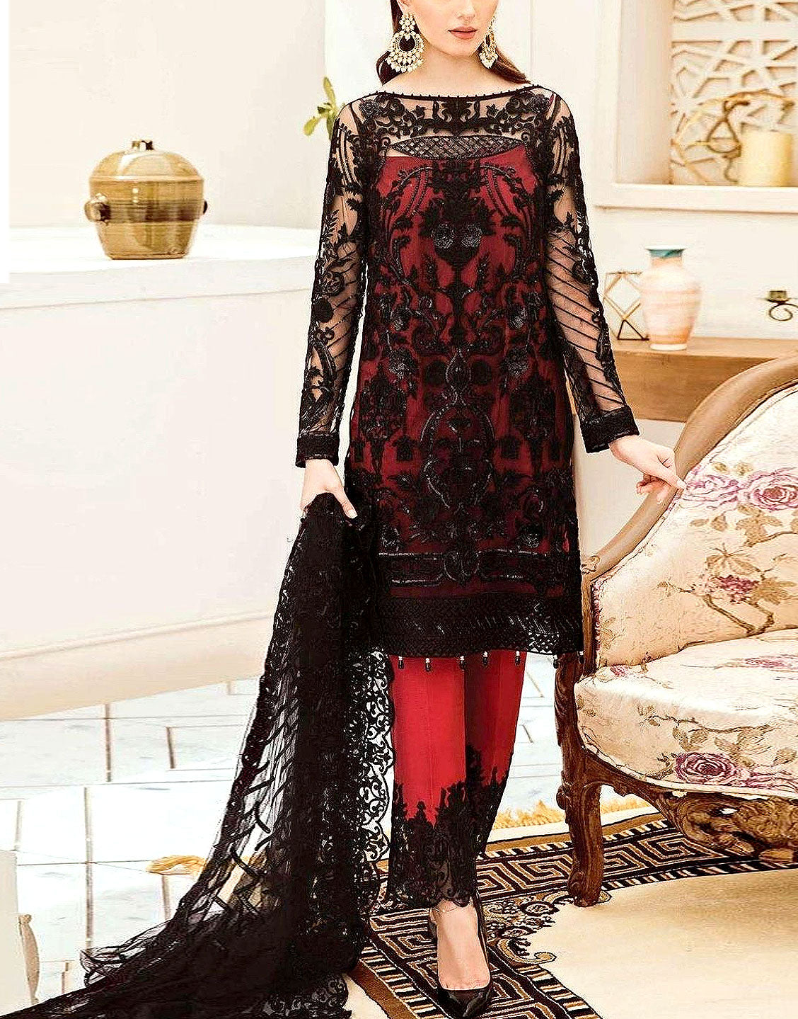 Heavy Embroidered Black Net Party Wear Dress with Inner