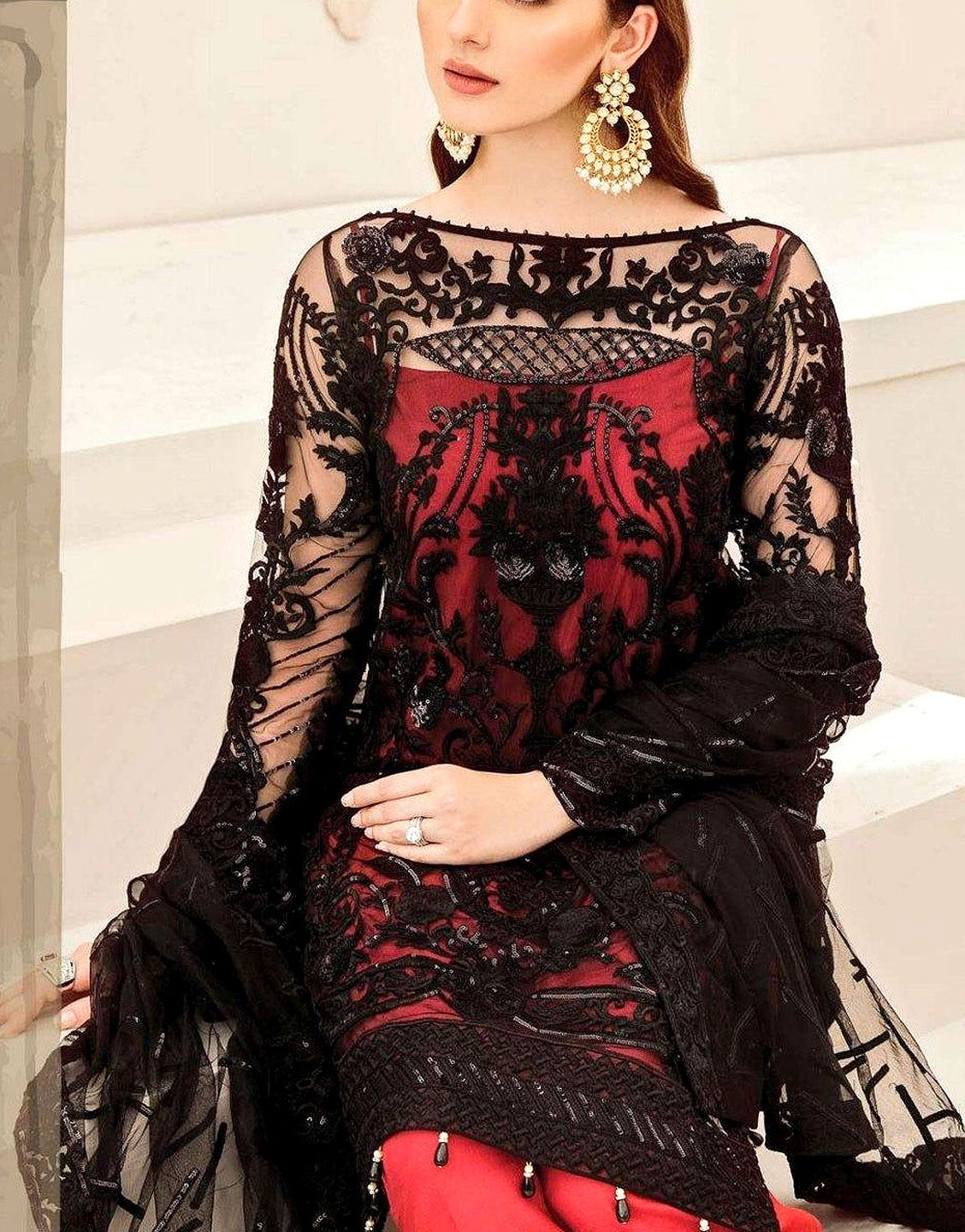 Heavy Embroidered Black Net Party Wear Dress with Inner - Out of Stock