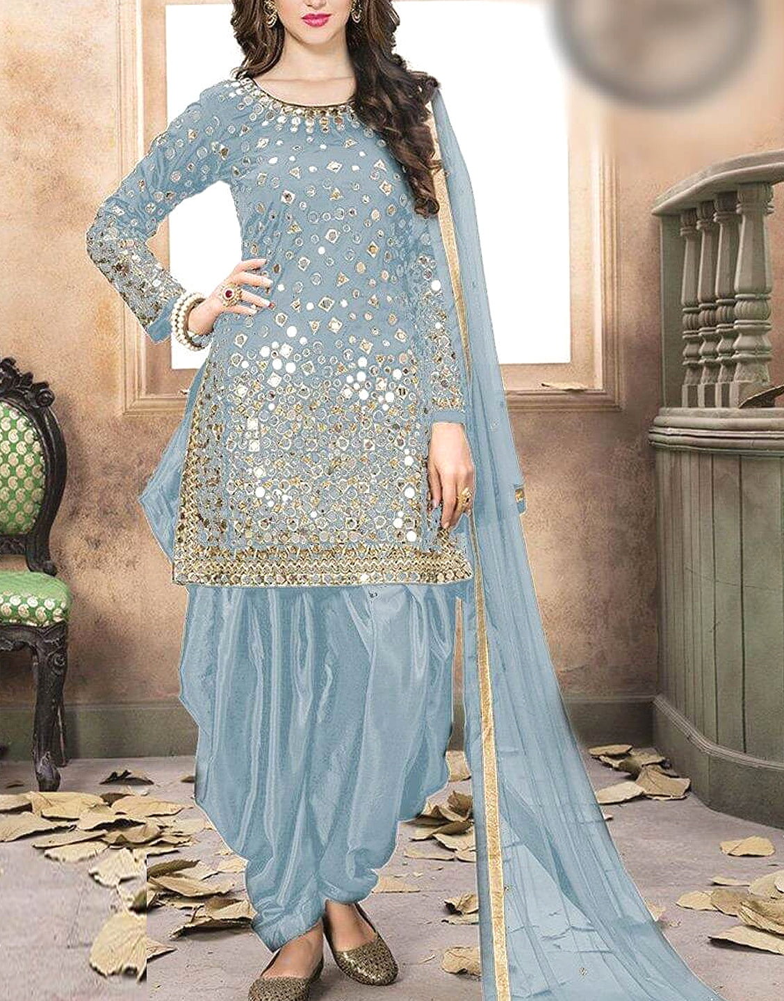 Mirror Work Embroidered Chiffon Dress