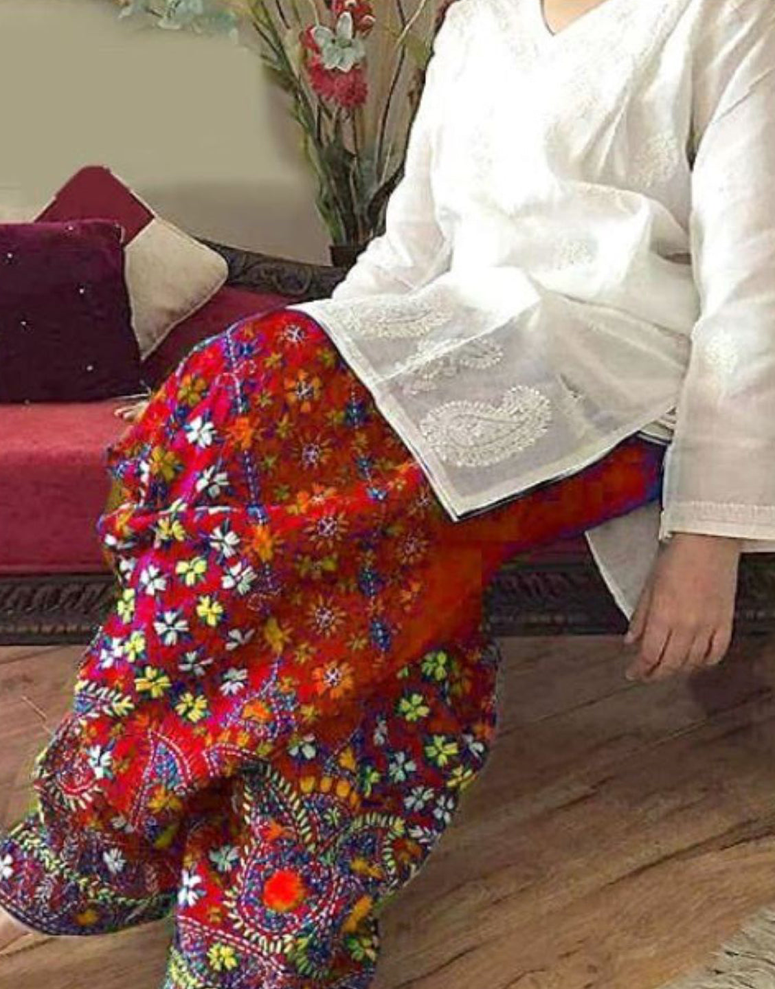 Trendy 2-Piece Embroidered Cotton Lawn Dress with Red Phulkari Embroidered Trouser