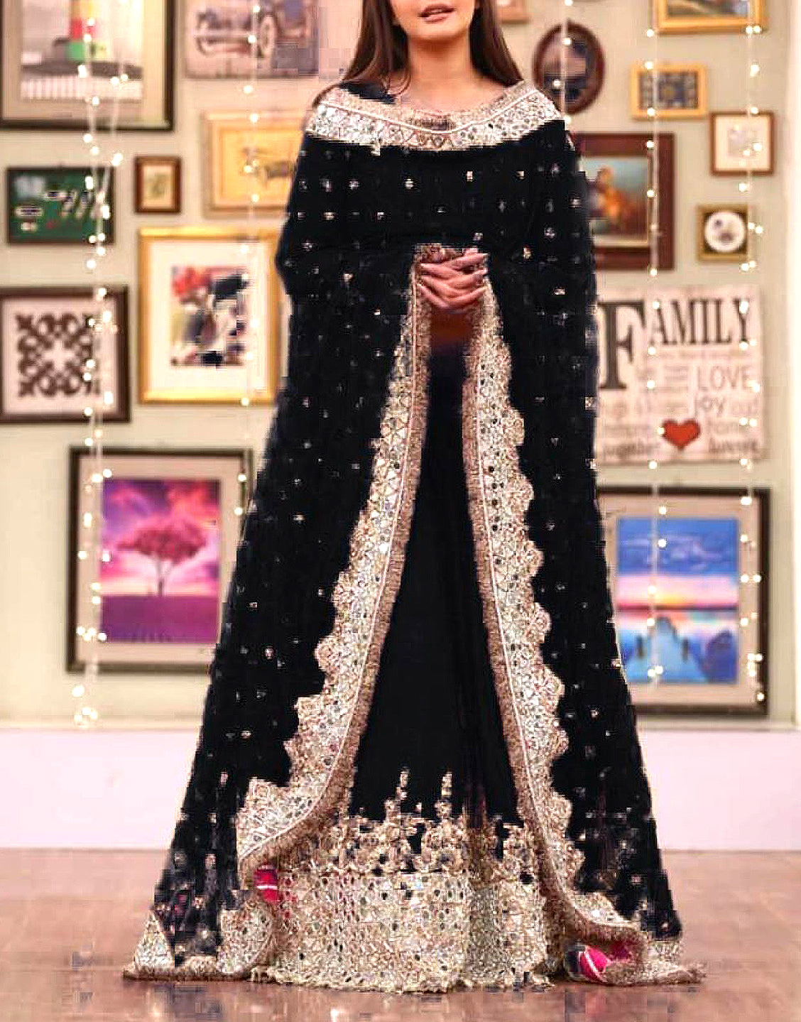 Luxury Embroidered & Mirror Work Black Chiffon Dress