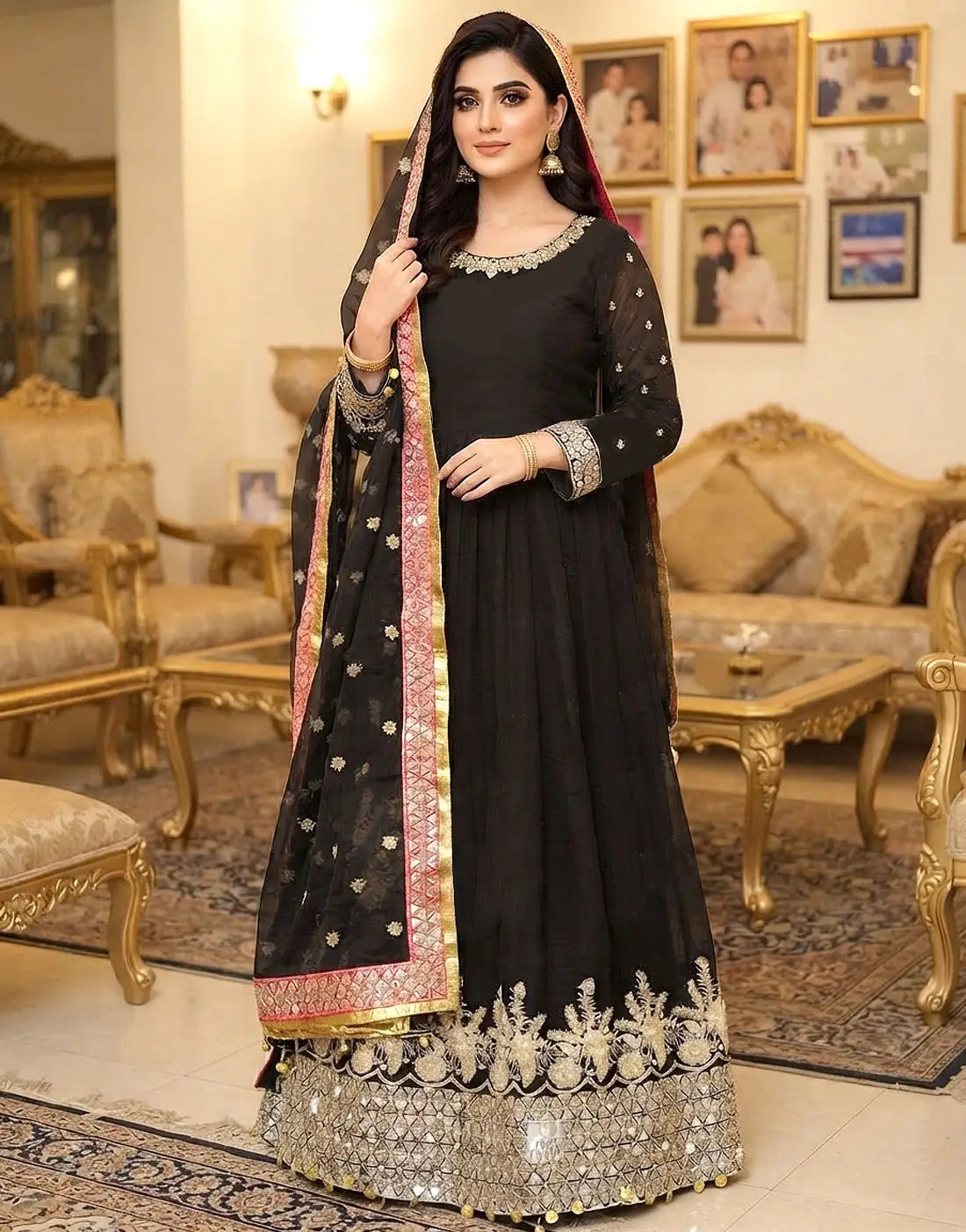 Luxury Embroidered & Mirror Work Black Chiffon Dress