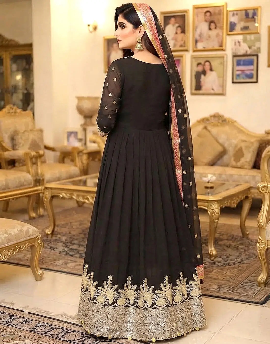 Luxury Embroidered & Mirror Work Black Chiffon Dress