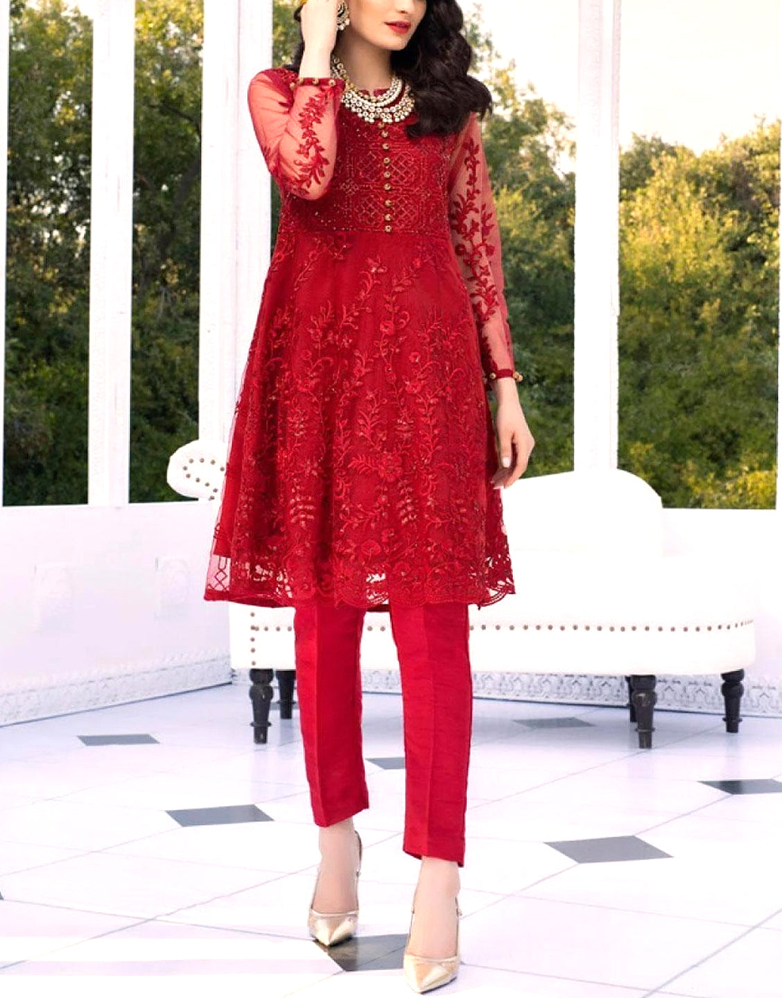 2-Piece Embroidered Red Net Party Wear Dress