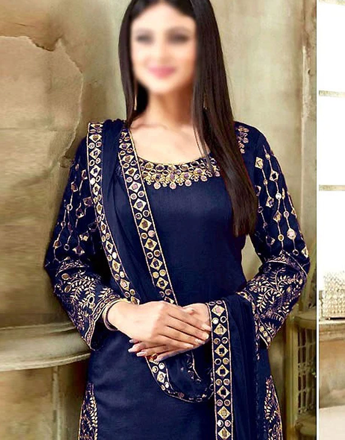 Indian Embroidered & Mirror Work Navy Blue Chiffon Dress