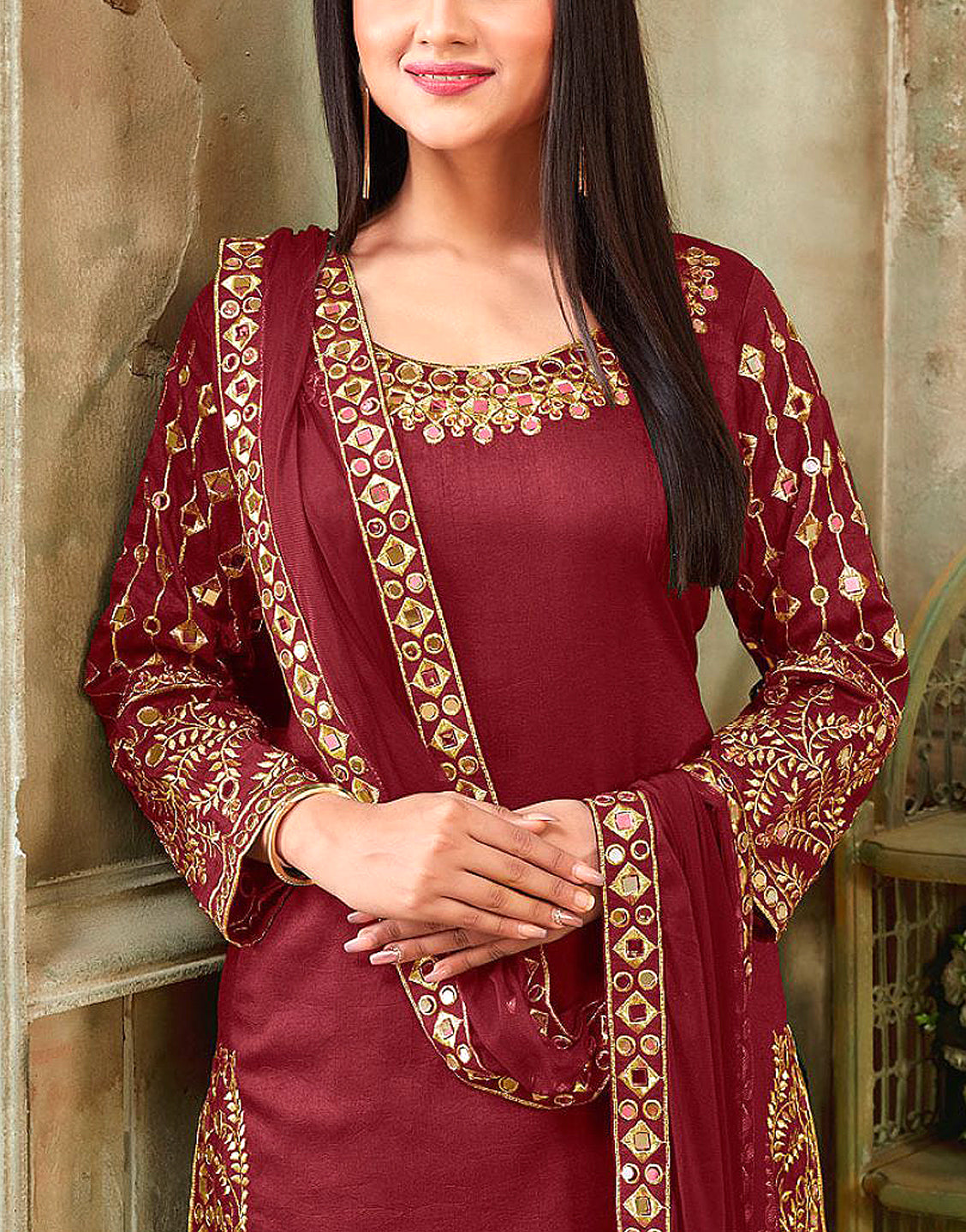 Indian Embroidered & Mirror Work Maroon Chiffon Dress